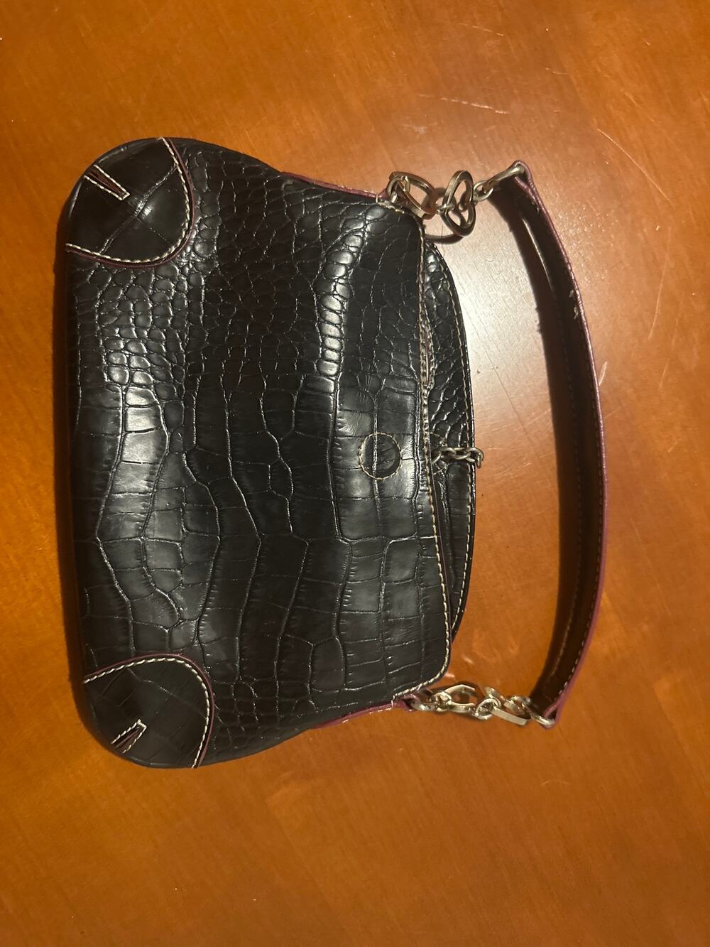 Liz Claiborne Black Croc-Embossed Leather Handbag with Heart Hardware